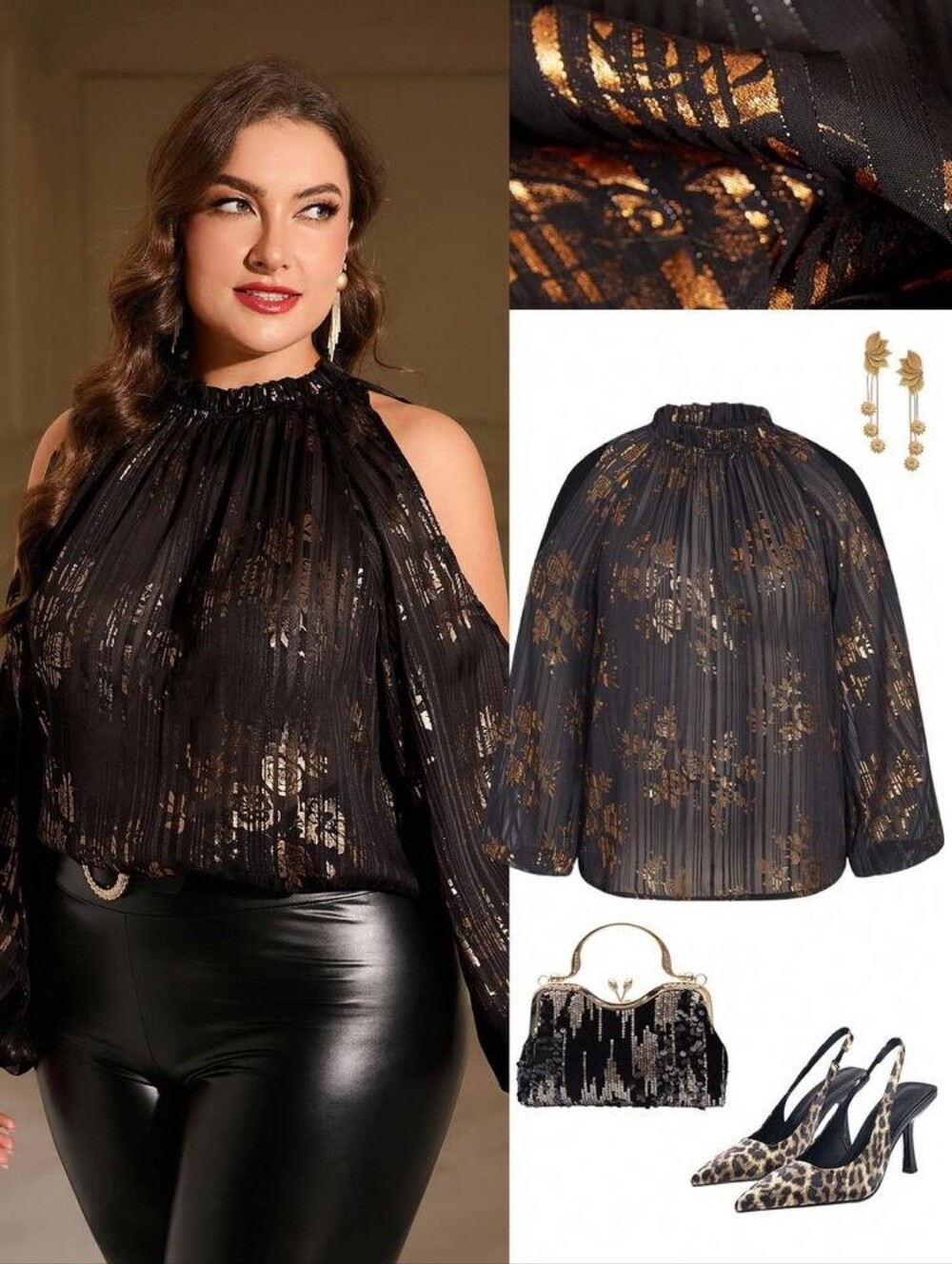 Women's Size XL Sheer Chiffon Floral Jacquard Pattern Blouse Black Rose Gold